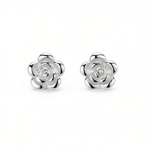 E832 Pendientes de botón con forma de flor en oro blanco, joyería fina clásica unisex - Product Image 1