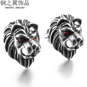 yunnique Lion Head <b>Stud</b> <b>Earrings</b> 316L Stainless Steel Red Zircon Inlay Men's Fashion Jewelry Gift - Product Image 3