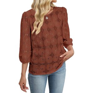 Blusa de encaje para mujer, manga 3/4, estampado floral, top informal, color caramelo, uso diario - Product Image 5