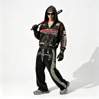 2026 380g Veste à capuche streetwear oversize zippée en coton, style racing color block, imprimé étoiles vintage, effet vieilli, avec poche kangourou