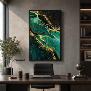 Moderno Lussuoso Triptico su Tela Verde Smeraldo e Foglia d'Oro, Dipinto Astratto Effetto Marmo e Agata per Arredamento Soggiorno - Product Image 3