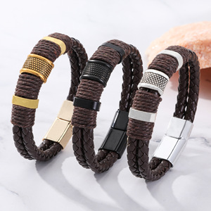 Bracelet en cuir PU tressé double rétro pour homme, forme cœur, fermoir magnétique, style motard, bracelets tressés - Product Image 1