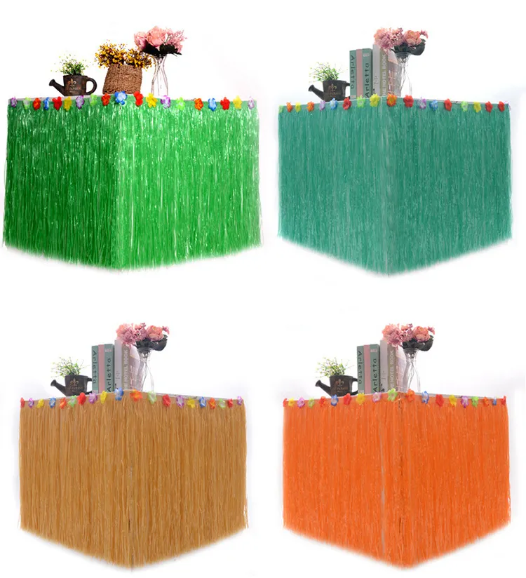 276*75/30 Cm Hawaiian Party Decorations Table Skirt With Flowers Tropical Grass Table Skirts For Picnic Birthday Banquet Decor