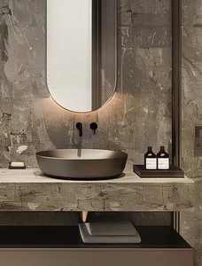 Meuble-lavabo double flottant de salle de bain en marbre épais de style italien haut de gamme, série grise avancée - Product Image 4