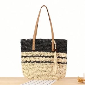 French Striped <b>Large</b> Capacity Woven Straw Tote <b>Bag</b> for Business Women New Color Contrast <b>Beach</b> <b>Bag</b> Embroidery Two Open - Product Image 1