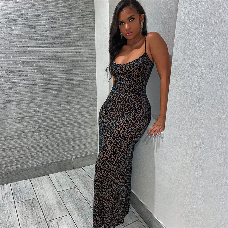 JXS1152 Leopard Sling Maxi Dress Women Classic High Waist Body-shaping Robe Animal Style Party Club Vestido Dress