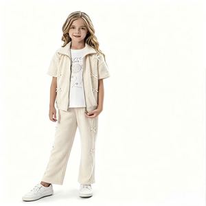 Ensemble 3 pièces décontracté d'été de haute qualité avec veste zippée à nœud décoratif, t-<span class=keywords><strong>shirt</strong></span> orné de strass en forme de cœur et pantalon large - Product Image 5