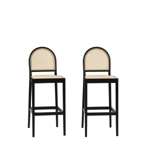 Ensemble de 2 tabourets de bar en rotin courbé Panama, structure en métal noir ébène, design moderne, mobilier de bar - Product Image 1