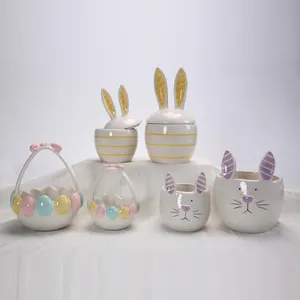 Spring Home Decor Easter Bunny Rabbit Eggs Decorations Ceramic Rabbits Figurine Bunny Eggs Figurines