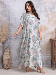 <span class=keywords><strong>Robe</strong></span> musulmane caftan grande taille <span class=keywords><strong>robe</strong></span> <span class=keywords><strong>femme</strong></span> verte à imprimé floral et pompon à manches courtes <span class=keywords><strong>robe</strong></span> maxi modeste <span class=keywords><strong>robe</strong></span> décontractée islamique - Product Image 2