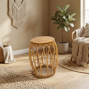 Mesa de centro de balcón de moda con correa tejida - Soporte redondo de madera dura ligero y duradero - Product Image 6