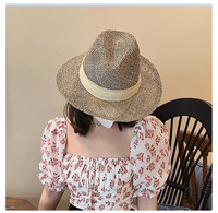 Chapeau Panama en paille naturelle tressée ajourée pour femme, style cowboy, à large bord, mode estivale vintage western