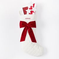 Chaussettes de Noël personnalisées brodées avec nom, motif écossais matelassé et nœud en velours, décorations de Noël à suspendre pour la maison et les fêtes