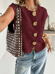 <span class=keywords><strong>Gilet</strong></span> en tricot vintage pour <span class=keywords><strong>femme</strong></span> 2026 – Cardigan chic couleur avoine à manches courtes, col rond, bouton unique, respirant, tricoté à la machine, décontracté - Product Image 4
