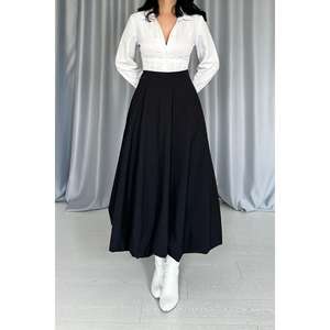 Jupe longue élégante noire pour femme, taille normale, 100 % polyester, confortable, coupe trapèze, jupe maxi - Product Image 3