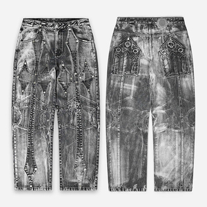 Pantalones Vaqueros Anchos YUCE con Lavado Ácido, Remaches y Parches Geométricos Góticos, Estilo Opium Streetwear con Roturas - Product Image 4