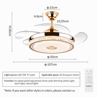Y196 Luz de ventilador de techo retráctil 110V 220V Lámpara de ventilador de sala de estar moderna Oro Blanco Ventilador de techo de 42 pulgadas y luz con altavoz