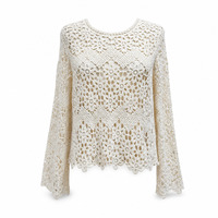 Hauts en dentelle au crochet personnalisés OEM ODM pour femmes, chemisier à manches longues ajouré à motif floral, ourlet festonné, style bohème décontracté pour le quotidien