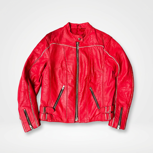 Red Men's Genuine Leather Moto Jacket Stand Collar Zipper Closure Regular Fit Autumn Style - Product Image 4
