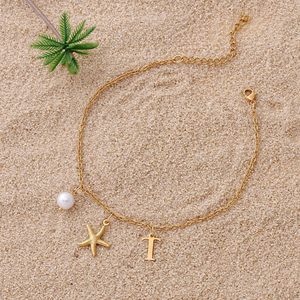 Tobilleras Novirassine con Letras del Alfabeto de la A a la Z y Perlas de Estrella de Mar para <span class=keywords><strong>Mujer</strong></span>, Joyería Personalizada para el Pie con Letras Doradas, Estilo Boho para Playa y Verano - Product Image 2