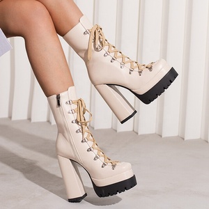 Bottines sexy à plateforme épaisse et antidérapante pour femmes, talons hauts épais, bout carré, lacets - Product Image 4