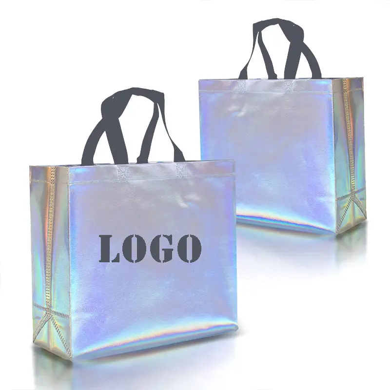 Custom Logo Waterproof Laser Metallic Laminated Non Woven Christmas Iridescent Gift Shopping Bag Holographic Tote Bag