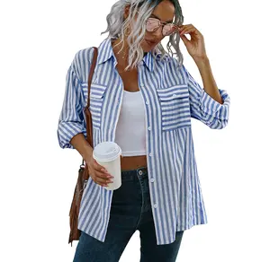 Modest blouses & shirts long sleeve cotton comfortable wear blouses striped pattern shirt for girls accept custom logo