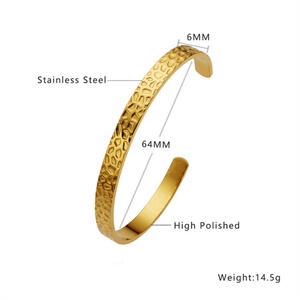 Simple Engraved Hammer <b>Gold</b> Plated Stainless Steel <b>Bracelet</b> Open <b>Adjustable</b> Cuff Bangle for Girls - Product Image 1