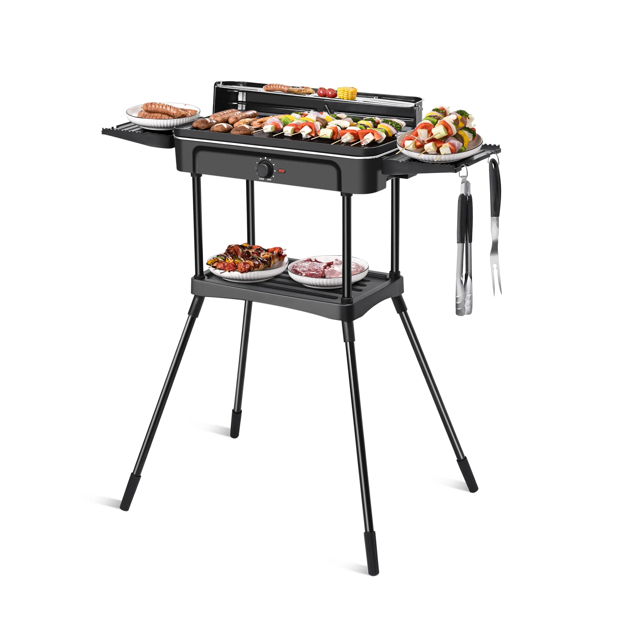 2023 NOVO Stand Electric bbq Grill Griddle com placa de fundição e mesas laterais 2200W para a Europa com pára-brisa CE