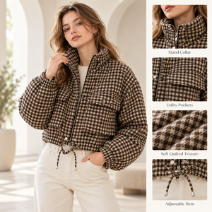 Custom Logo <b>Women</b> Cropped <b>Jacket</b> Stand Collar Full Zip Flap Cargo Pockets Long Sleeve Plaid Fall <b>Winter</b> Thin <b>Warm</b> Coat Outerwear - Product Image 2