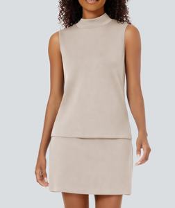 ชุด2ชิ้นแฟชั่นลำลองสำหรับผู้หญิงชุดเทนนิสสั้นยาวถึงเข่าและเสื้อกั๊กคอสูงขนาดเล็กสไตล์ย้อนยุค - Product Image 6