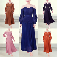 Set atasan dan rok panjang plisket Miyake 2 potong untuk wanita, berbahan mesh, berhiaskan rhinestones, lengan bunga 3D, pakaian formal kantor, ODM OEM Custom