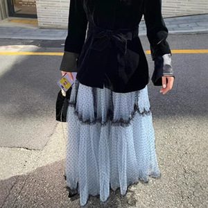 Falda Larga de Doble Capa con Puntos Azules para Mujer, de Chifón y Malla, Cintura Regular, Elegante, Primavera, Poliéster/Algodón - Product Image 1