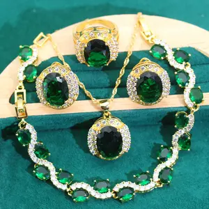 新款带绿色锆石18k镀金珠宝套装女性饰品批发项链吊坠耳环戒指手链