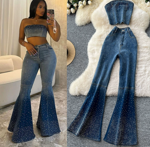Ensembles <span class=keywords><strong>en</strong></span> <span class=keywords><strong>jean</strong></span> pour femmes, costume <span class=keywords><strong>en</strong></span> <span class=keywords><strong>jean</strong></span> pour femmes avec paillettes, haut sans manches dos nageur et pantalon évasé taille haute, tendance - Product Image 3