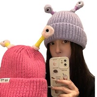 Gorro de monstruo de dibujos animados brillante, encantador, atractivo y divertido, cálido para el invierno, elástico, para cabezas grandes, para mujer