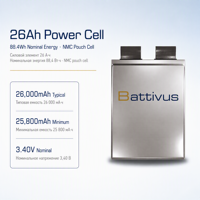 Batterie lithium-ion NMC en pochette Battivus haute densité énergétique 340Wh/kg 26Ah 3.4V pour drone et véhicule électrique, décharge continue 4C, décharge pulsée 8C