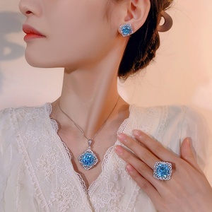 Refined Eco-friendly Copper Gold Plated Floral 16-10MM Sea Blue Zircon Earrings Imitation Gemstone Zircon Jewelry Sets for Women - Product Image 6