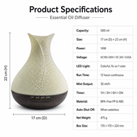 Diffuseur d'arômes et humidificateur évaporatif 500 ml en verre craquelé, sans BPA, LED 7 couleurs, minuterie 1/3/6H, arrêt automatique, AC100-240V, pour hôtel