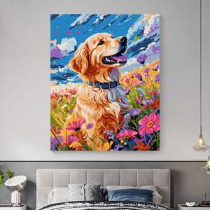 Peinture par numéros DIY pour adultes : Chien Golden Retriever dans un champ <span class=keywords><strong>de</strong></span> <span class=keywords><strong>fleurs</strong></span> – Peinture à l'huile acrylique sur toile, art mural paysager animalier - Product Image 2