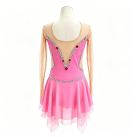 Robe de patinage artistique rose vif en maille à manches longues avec strass et col en V pour enfants et adultes, idéale pour les compétitions et spectacles de patinage sur glace