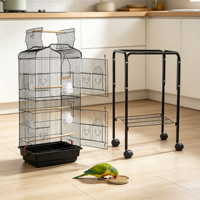 Grande volière métallique pour oiseaux avec perchoir supérieur ouvert, support roulant, étagère de rangement, plateau en plastique, plusieurs portes, alimentation facile