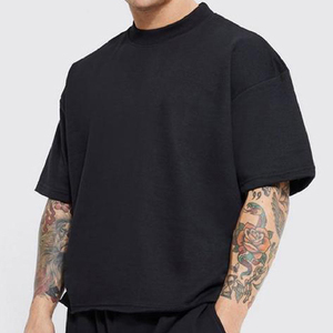 T-Shirt da <span class=keywords><strong>Uomo</strong></span> QIANSHI Nera Abbigliamento Maschile di Alta Qualità 100% Cotone con Spalle Scivolate Oversize e Taglio Corto - Product Image 1