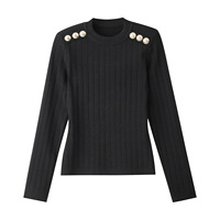 Nouveau Pull Femme Luxe 2026 à Col Semi-Montant, Design Boutons Dorés, Haut Tricoté Noir Ajusté, Élégant pour Dames