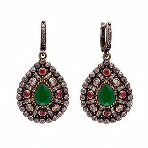 Pear Drop Shape Emerald CZ Stone Authentic Turkish Handmade Vintage Wedding Party Gift 925 Sterling Silver Dangle Earrings for - Product Image 2