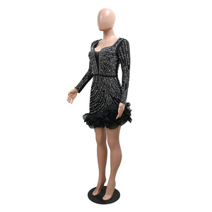 Robe courte en strass pour femmes KuanZe, robe de soirée élégante à manches longues et col <span class=keywords><strong>carré</strong></span>, robe de boîte de nuit - Product Image 4