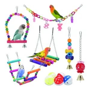 Set mainan burung plastik dan kayu interaktif untuk kandang burung beo
