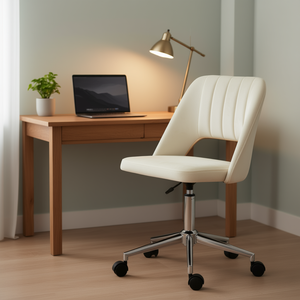 Chaise de bureau pivotante moderne en cuir PU blanc crème, dossier moyen, avec base chromée à 5 branches, pour usage domestique ou professionnel - Product Image 2