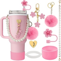 Ensemble réutilisable d'accessoires pour tasse d'eau isolée en silicone avec motif floral, manchon, poignée en perles, corde, boule, ampoule et barre de suspension