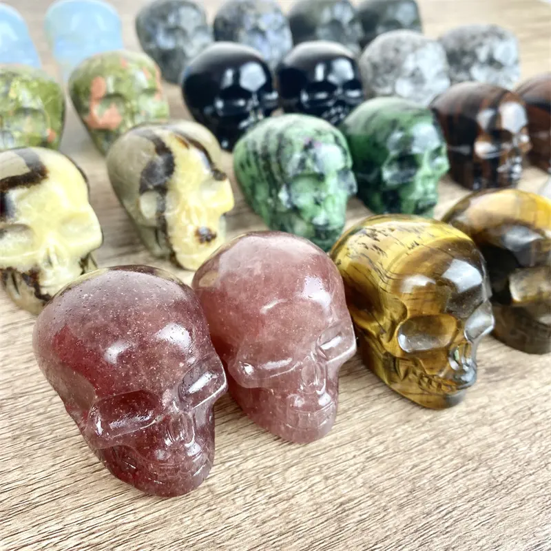 Las más nuevas artesanías talladas a mano de cristal Natural, tamaño Mini, calaveras de Material mixto, piedras curativas, cráneos de ojo de tigre de cristal para Decoración